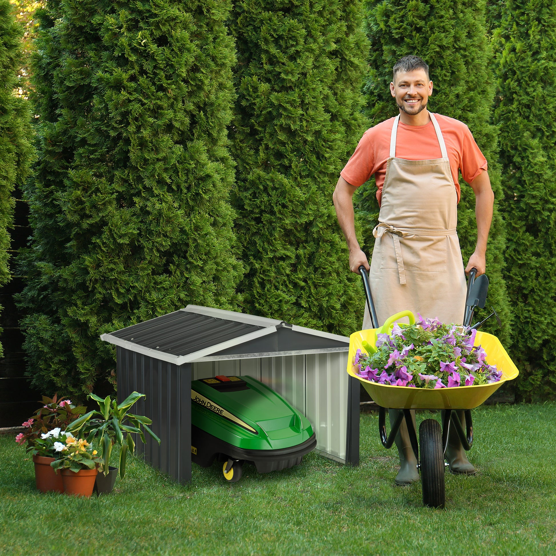 Lawnmower Storage Shed for Robot Lawnmower - robot lawn mower garage - gray steel sheet