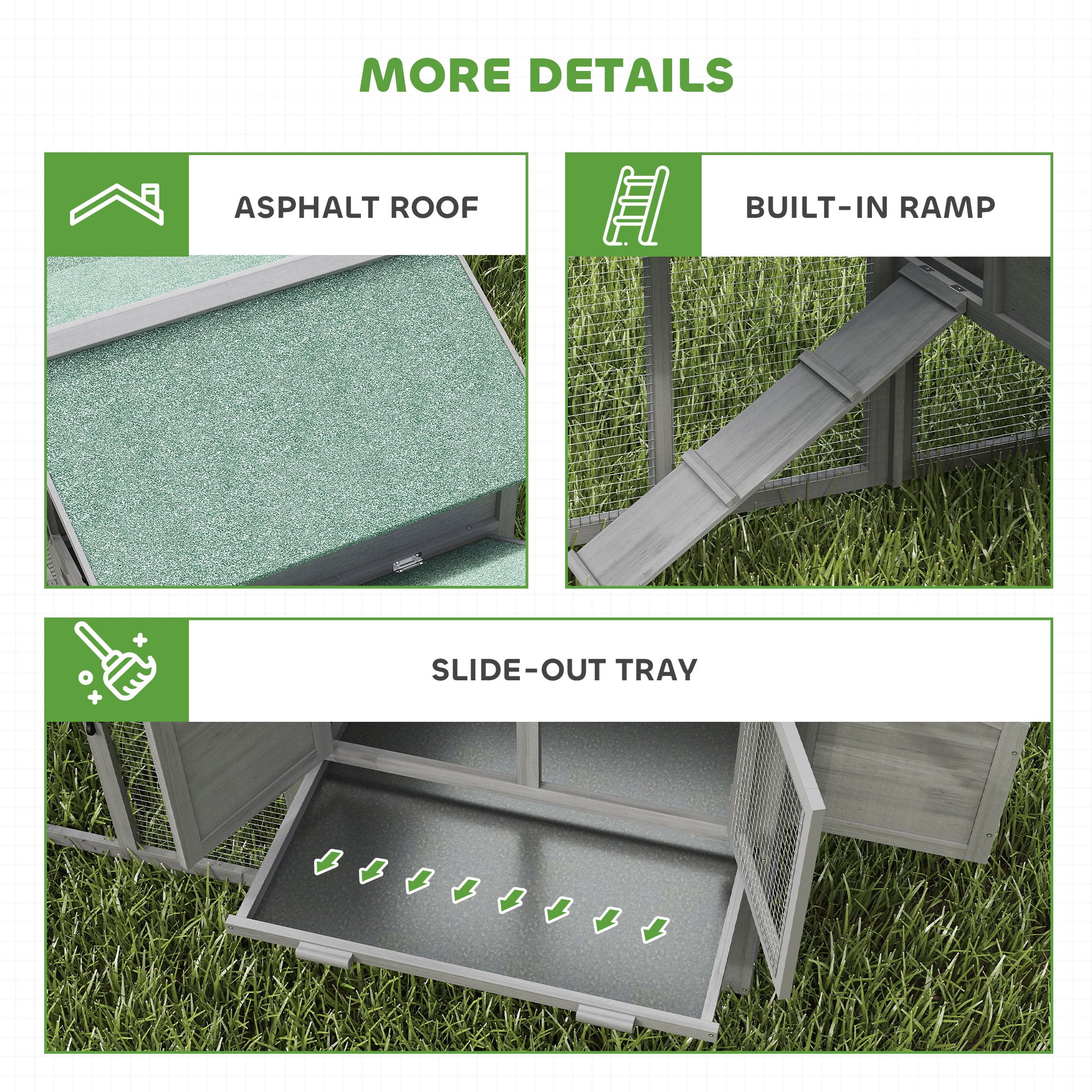 Wooden Chicken Coop with Run, 168 x 75 x 103 cm (66.1 x 29.5 x 40.6 in) — Nest Box, Ramp & Pull-Out Tray, Asphalt Roof — Gray/Green, Fits 2–4 Chickens