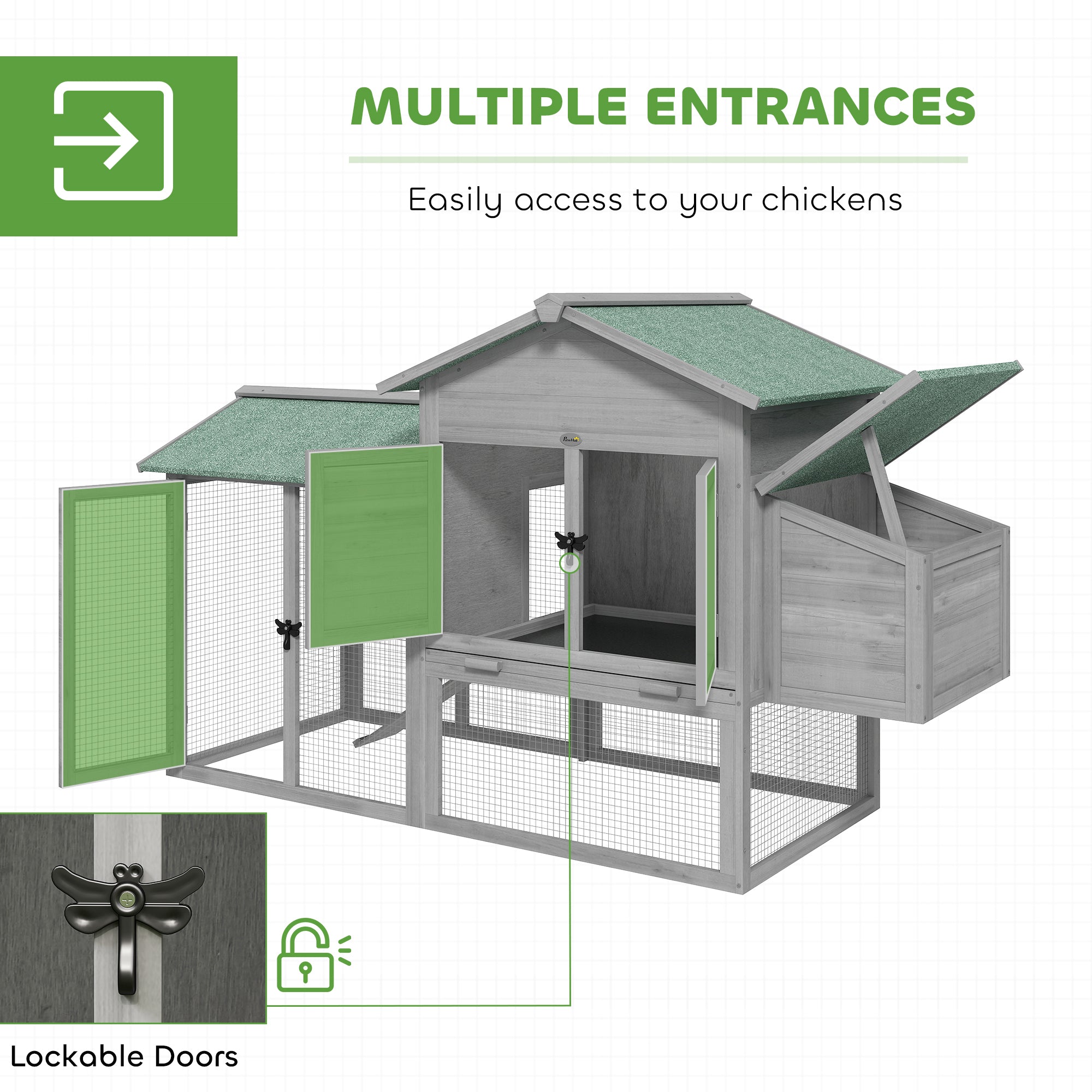 Wooden Chicken Coop with Run, 168 x 75 x 103 cm (66.1 x 29.5 x 40.6 in) — Nest Box, Ramp & Pull-Out Tray, Asphalt Roof — Gray/Green, Fits 2–4 Chickens