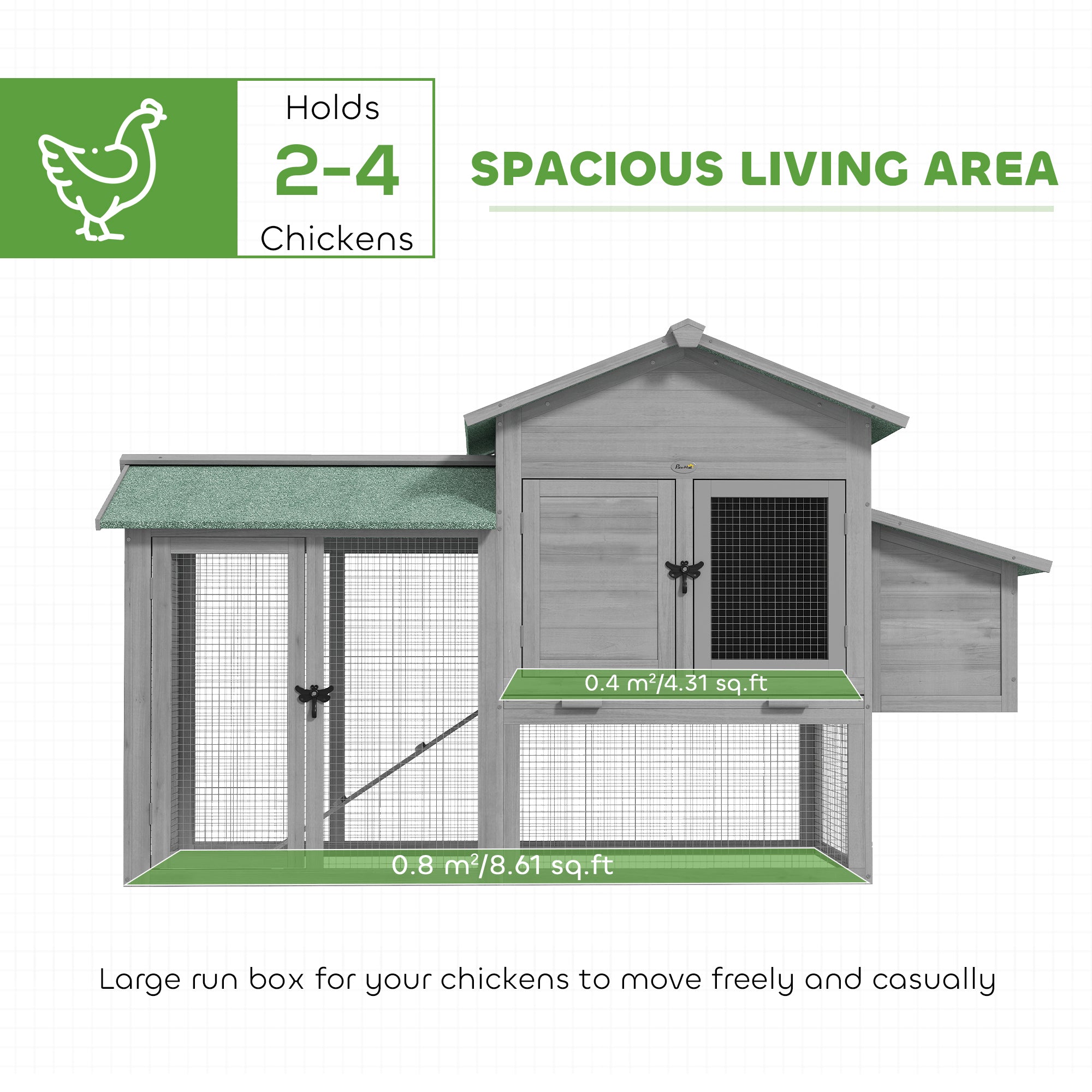 Wooden Chicken Coop with Run, 168 x 75 x 103 cm (66.1 x 29.5 x 40.6 in) — Nest Box, Ramp & Pull-Out Tray, Asphalt Roof — Gray/Green, Fits 2–4 Chickens