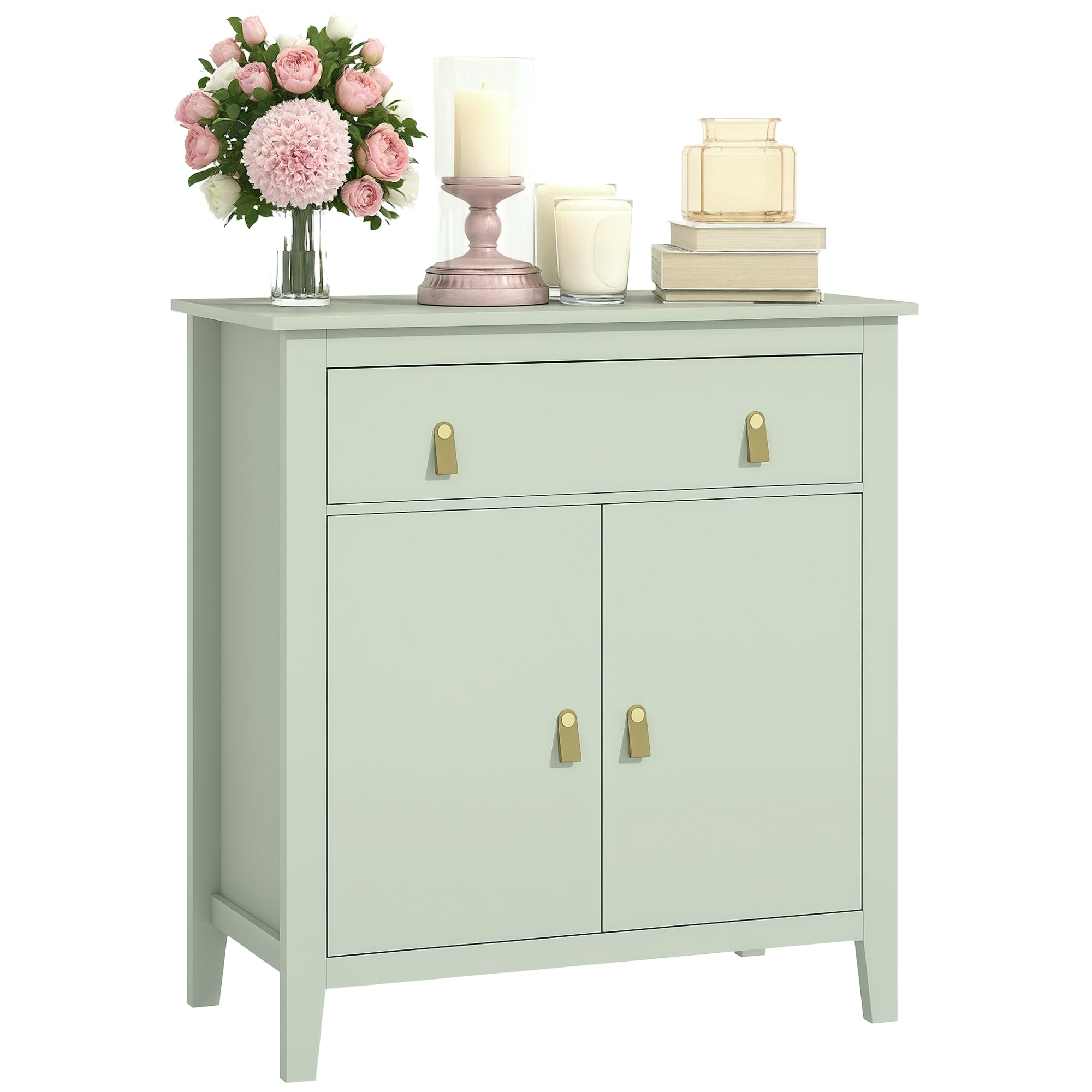 Sideboard Cabinet with Drawer and Double Door, Adjustable Shelf, PU Handles, Modern Style Buffet for Dining Room & Kitchen, 31.5 x 15.7 x 35.4 in, Light Green