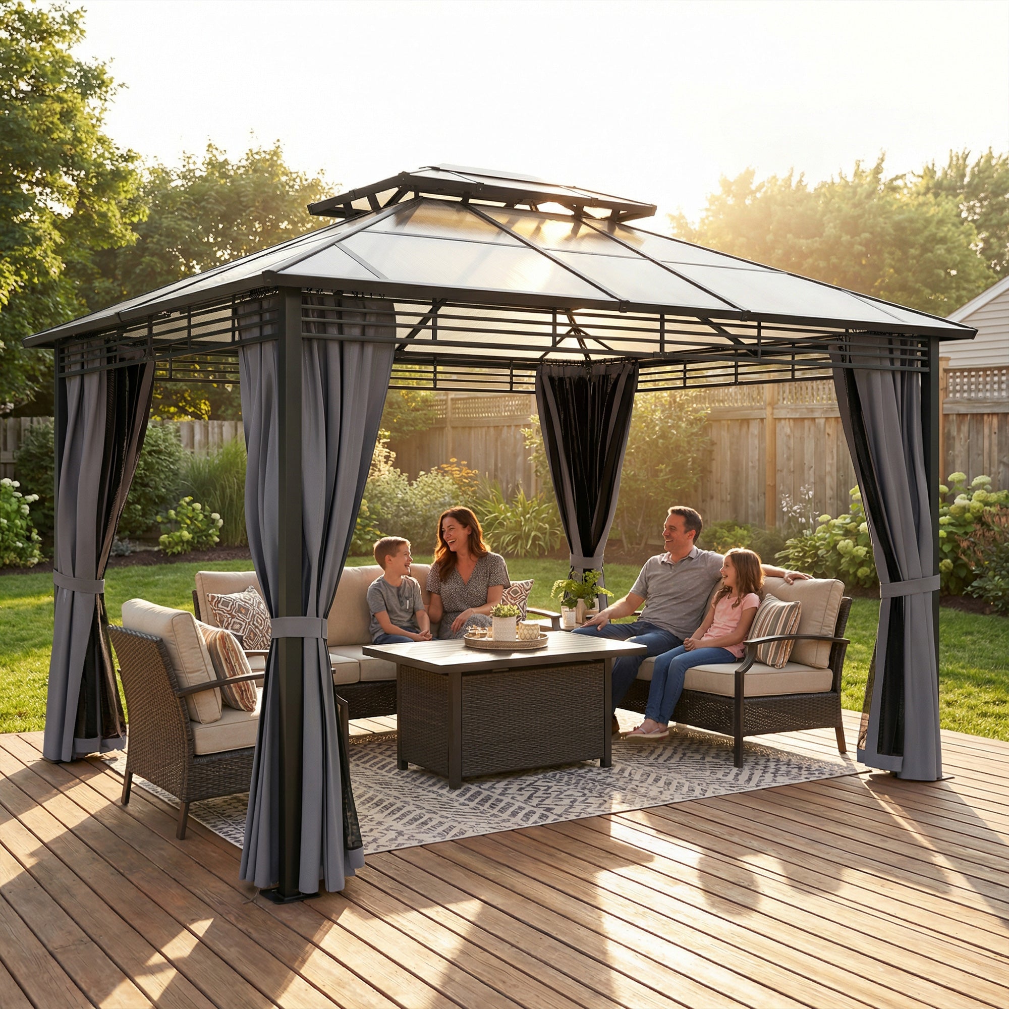 Garden Gazebo approx. 3.6 x 3 m – Aluminum Gazebo with 6 mm Double Polycarbonate Roof, Mosquito Net, 4 Side Curtains, Water-Resistant Sturdy Hardtop Pergola, Dark Gray