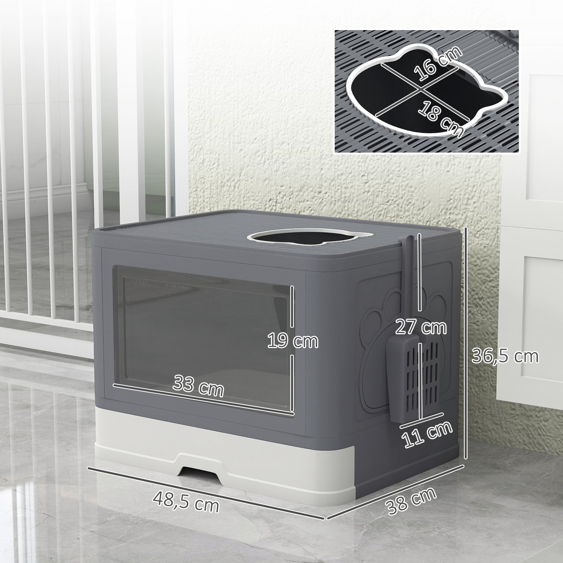 Cat Litter Box with Lid, Scoop, Toilet for Cats up to 4 kg, for Indoor, Plastic Grey 48.5 x 38 x 36.5cm