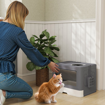 Cat Litter Box with Lid, Scoop, Toilet for Cats up to 4 kg, for Indoor, Plastic Grey 48.5 x 38 x 36.5cm