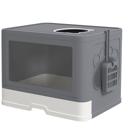 Cat Litter Box with Lid, Scoop, Toilet for Cats up to 4 kg, for Indoor, Plastic Grey 48.5 x 38 x 36.5cm