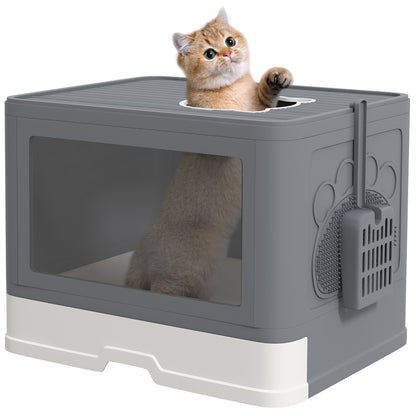 Cat Litter Box with Lid, Scoop, Toilet for Cats up to 4 kg, for Indoor, Plastic Grey 48.5 x 38 x 36.5cm