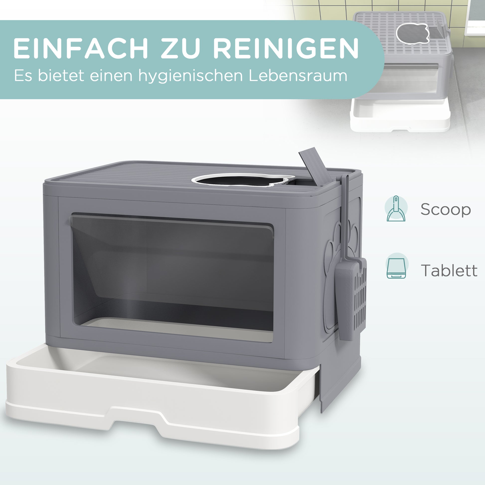 Cat Litter Box with Lid, Scoop, Toilet for Cats up to 4 kg, for Indoor, Plastic Grey 48.5 x 38 x 36.5cm