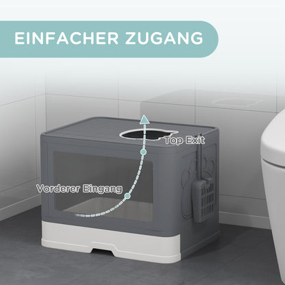 Cat Litter Box with Lid, Scoop, Toilet for Cats up to 4 kg, for Indoor, Plastic Grey 48.5 x 38 x 36.5cm