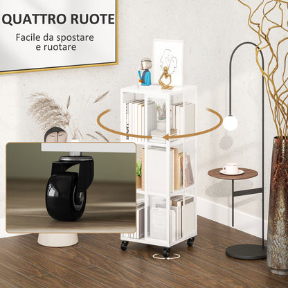 Modern 3-Tier Bookcase, Metal Bookshelf with Wheels for Living Room, Bedroom, and Office, 35x35x99 cm, White