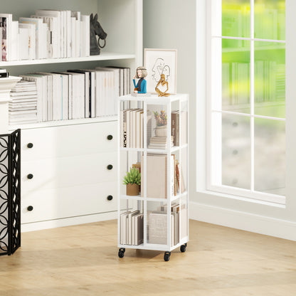 Modern 3-Tier Bookcase, Metal Bookshelf with Wheels for Living Room, Bedroom, and Office, 35x35x99 cm, White