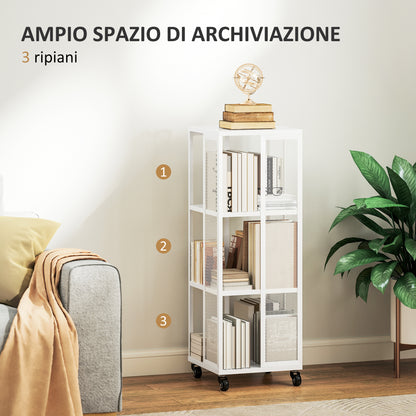 Modern 3-Tier Bookcase, Metal Bookshelf with Wheels for Living Room, Bedroom, and Office, 35x35x99 cm, White
