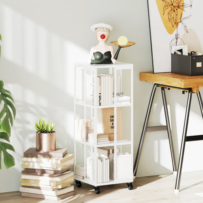 Modern 3-Tier Bookcase, Metal Bookshelf with Wheels for Living Room, Bedroom, and Office, 35x35x99 cm, White