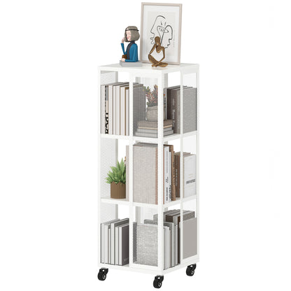 Modern 3-Tier Bookcase, Metal Bookshelf with Wheels for Living Room, Bedroom, and Office, 35x35x99 cm, White