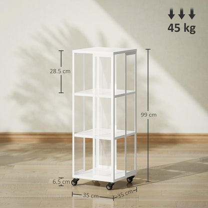 Modern 3-Tier Bookcase, Metal Bookshelf with Wheels for Living Room, Bedroom, and Office, 35x35x99 cm, White