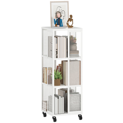 Modern 3-Tier Bookcase, Metal Bookshelf with Wheels for Living Room, Bedroom, and Office, 35x35x99 cm, White