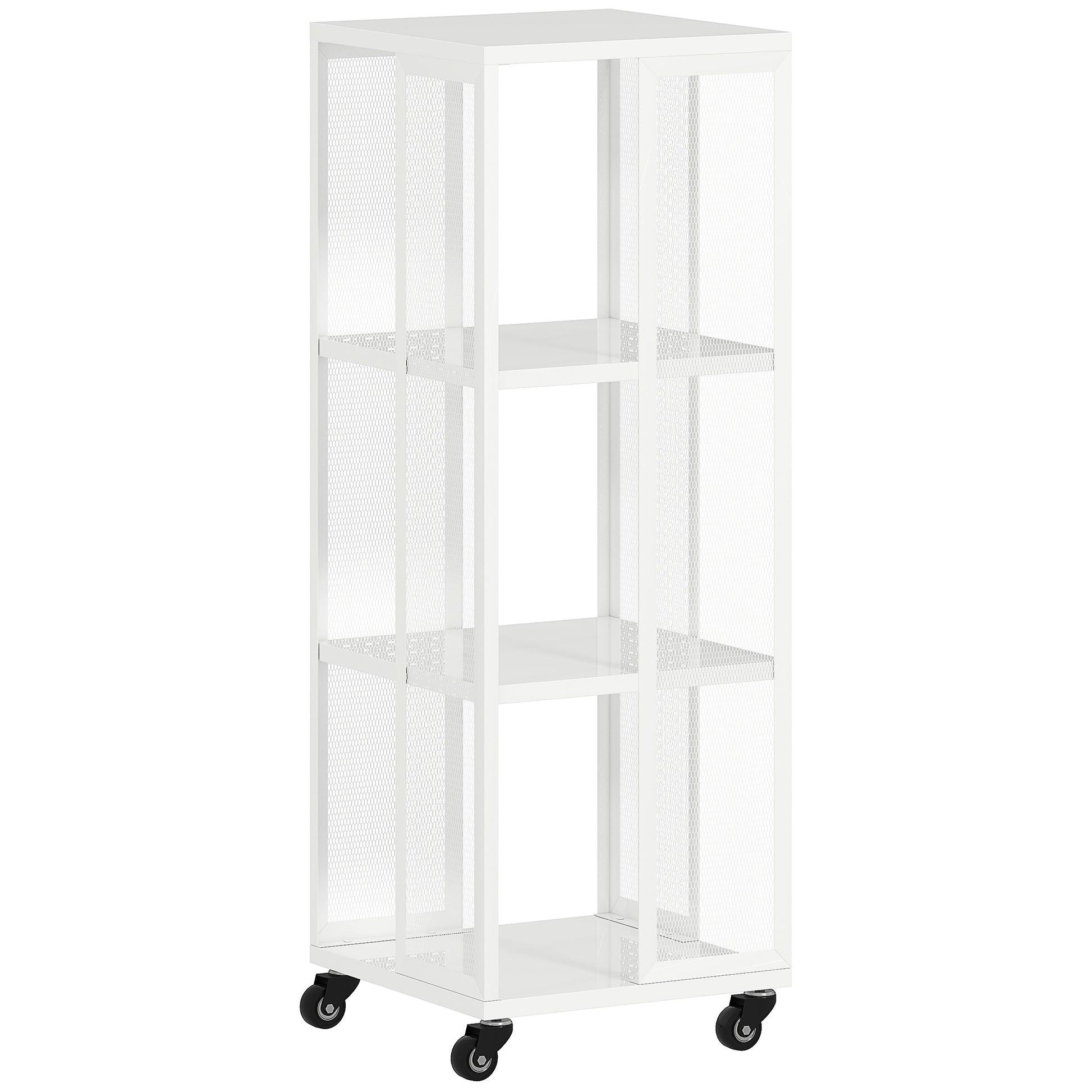 Modern 3-Tier Bookcase, Metal Bookshelf with Wheels for Living Room, Bedroom, and Office, 35x35x99 cm, White