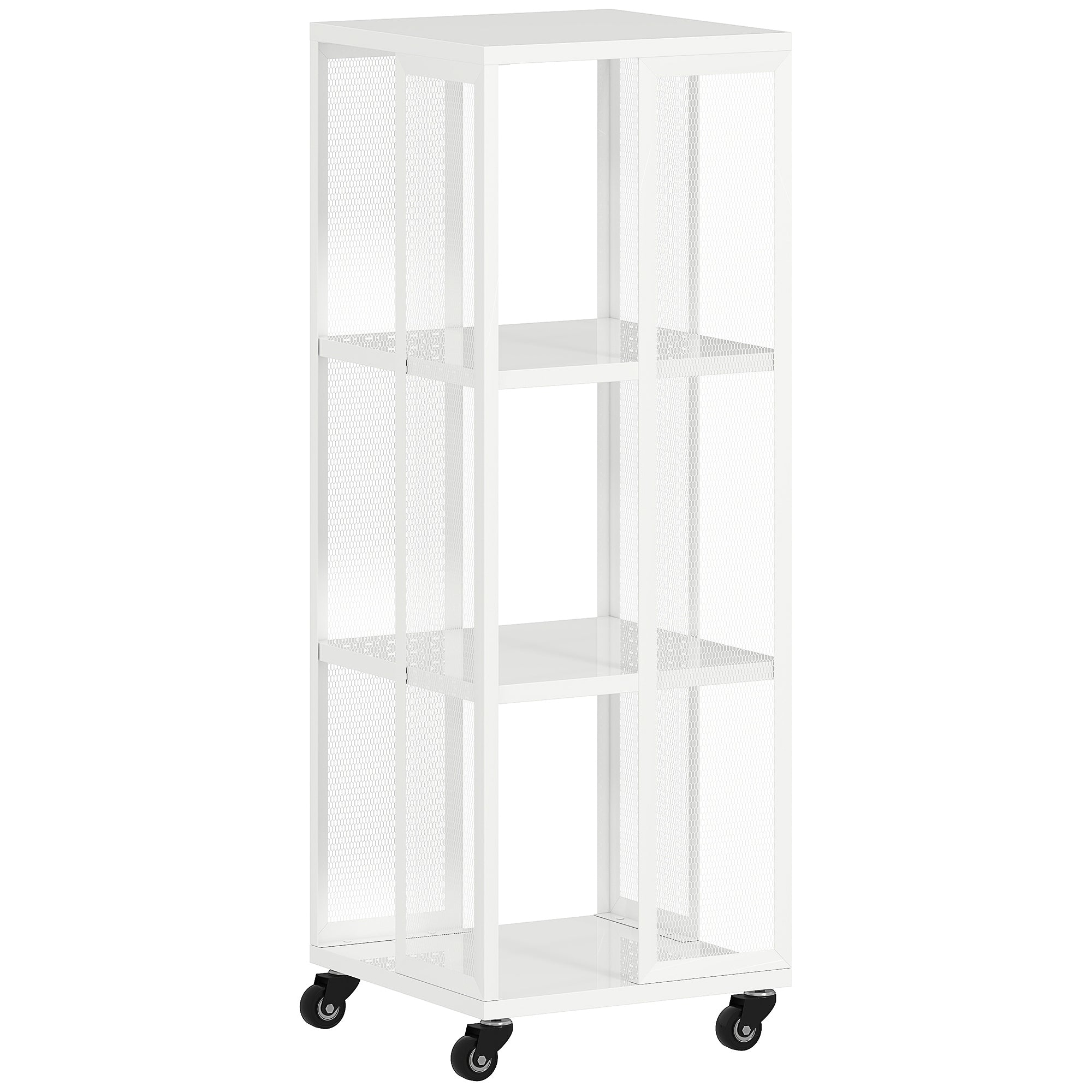 Modern 3-Tier Bookcase, Metal Bookshelf with Wheels for Living Room, Bedroom, and Office, 35x35x99 cm, White