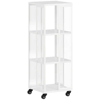 Modern 3-Tier Bookcase, Metal Bookshelf with Wheels for Living Room, Bedroom, and Office, 35x35x99 cm, White