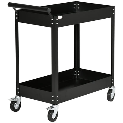 Workshop Trolley with 2 Tiers, Empty Tool Trolley, Transport Trolley, Side Handle, 4 Wheels, Steel, up to 150 kg Capacity, 84.5 x 38 x 84 cm, Black