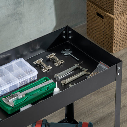 Workshop Trolley with 2 Tiers, Empty Tool Trolley, Transport Trolley, Side Handle, 4 Wheels, Steel, up to 150 kg Capacity, 84.5 x 38 x 84 cm, Black