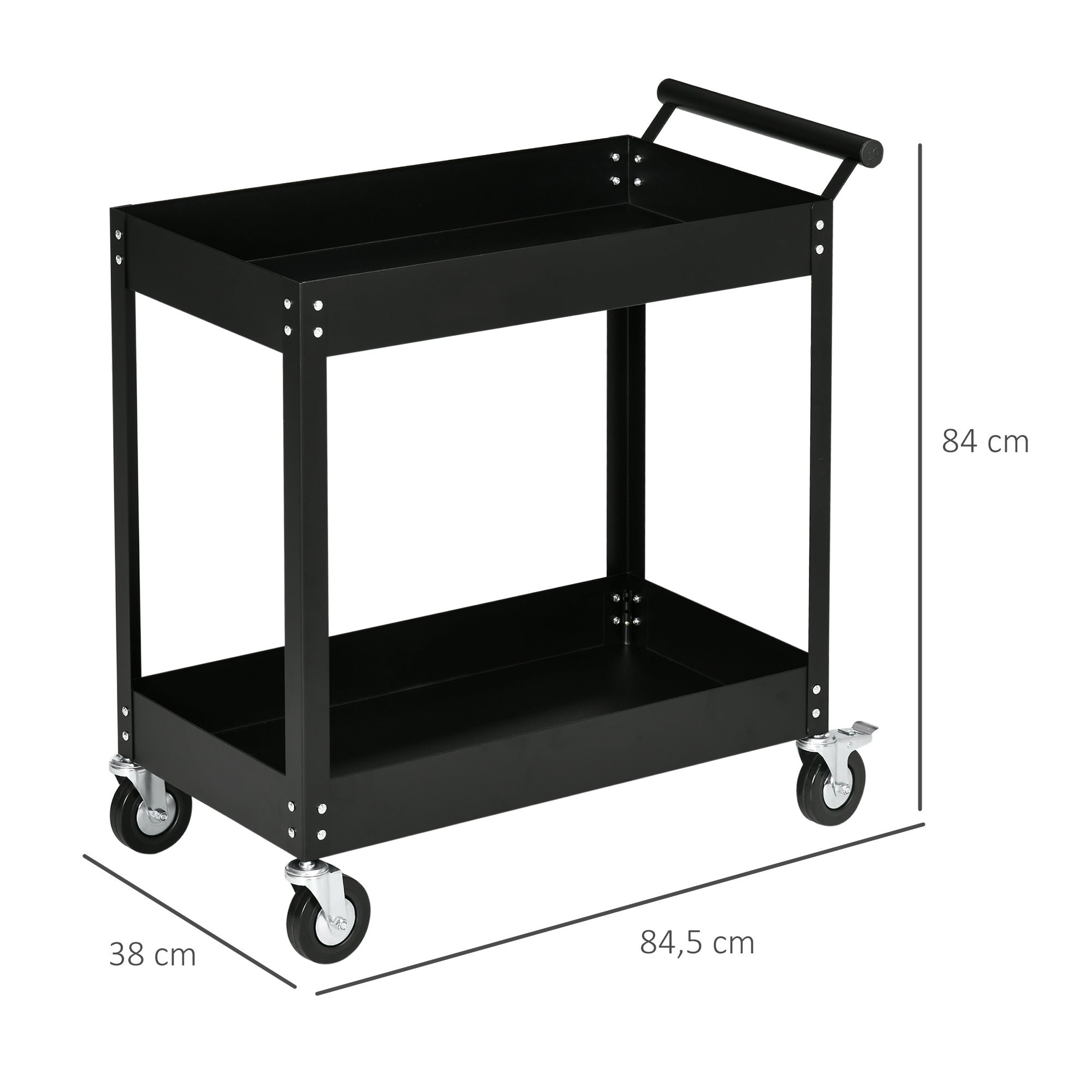 Workshop Trolley with 2 Tiers, Empty Tool Trolley, Transport Trolley, Side Handle, 4 Wheels, Steel, up to 150 kg Capacity, 84.5 x 38 x 84 cm, Black