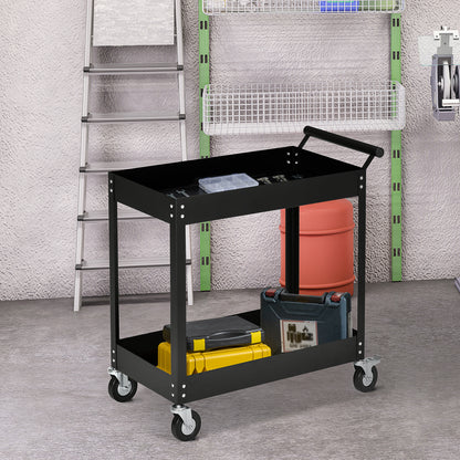 Workshop Trolley with 2 Tiers, Empty Tool Trolley, Transport Trolley, Side Handle, 4 Wheels, Steel, up to 150 kg Capacity, 84.5 x 38 x 84 cm, Black