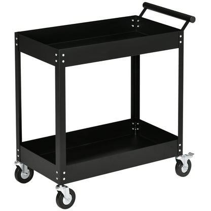 Workshop Trolley with 2 Tiers, Empty Tool Trolley, Transport Trolley, Side Handle, 4 Wheels, Steel, up to 150 kg Capacity, 84.5 x 38 x 84 cm, Black