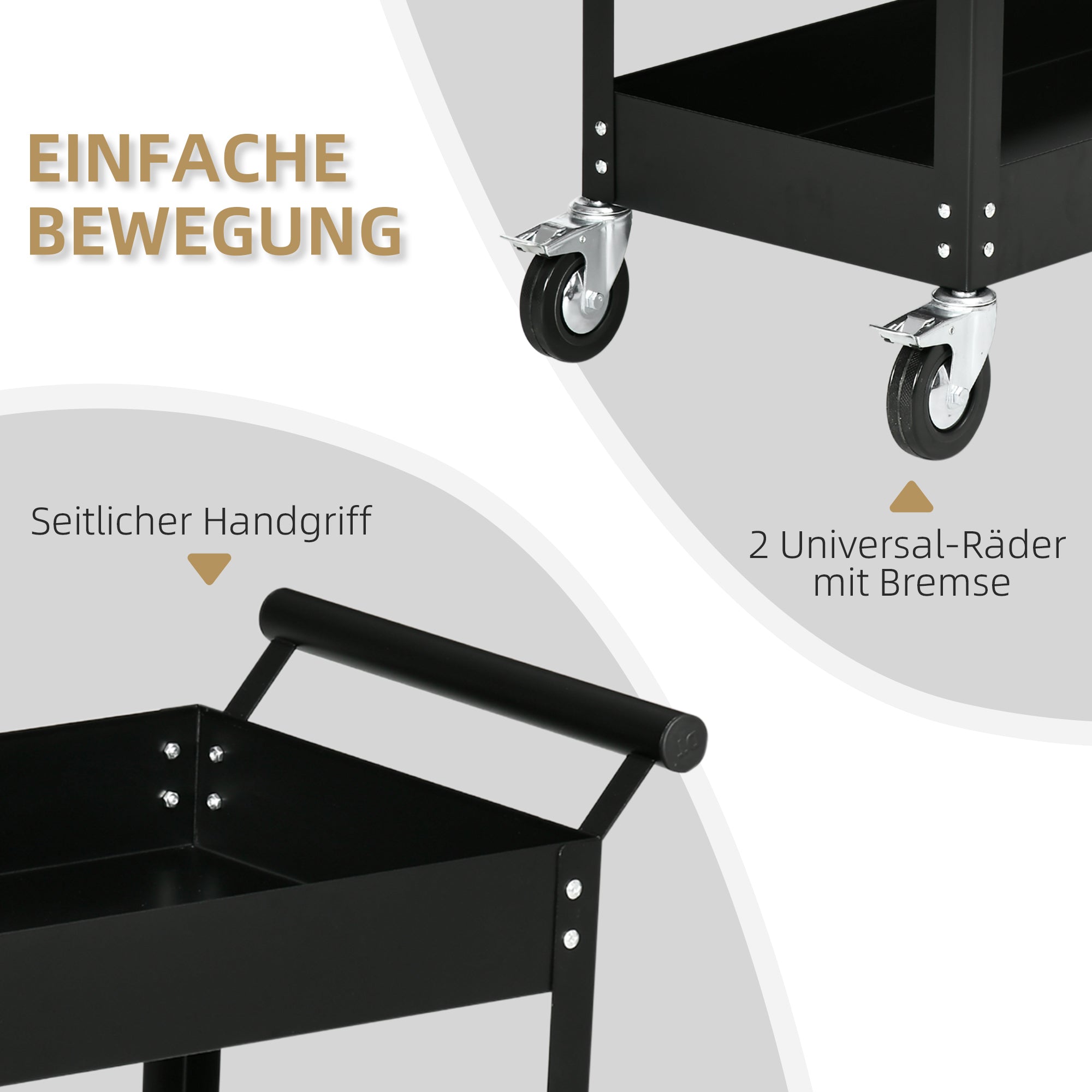 Workshop Trolley with 2 Tiers, Empty Tool Trolley, Transport Trolley, Side Handle, 4 Wheels, Steel, up to 150 kg Capacity, 84.5 x 38 x 84 cm, Black
