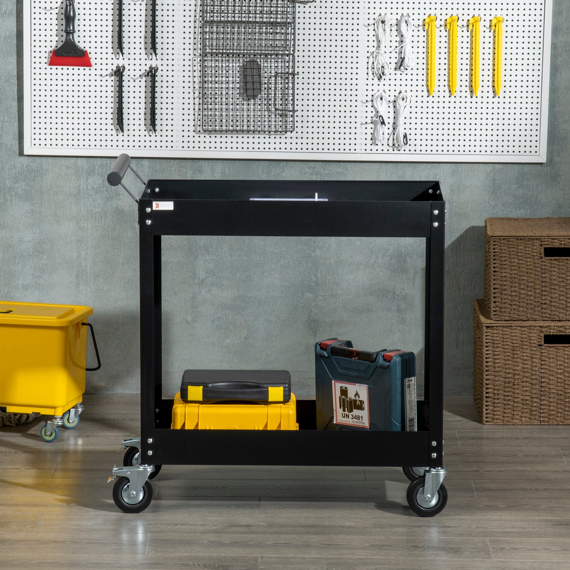 Workshop Trolley with 2 Tiers, Empty Tool Trolley, Transport Trolley, Side Handle, 4 Wheels, Steel, up to 150 kg Capacity, 84.5 x 38 x 84 cm, Black