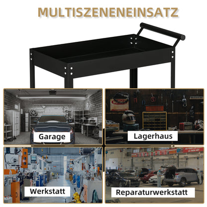Workshop Trolley with 2 Tiers, Empty Tool Trolley, Transport Trolley, Side Handle, 4 Wheels, Steel, up to 150 kg Capacity, 84.5 x 38 x 84 cm, Black