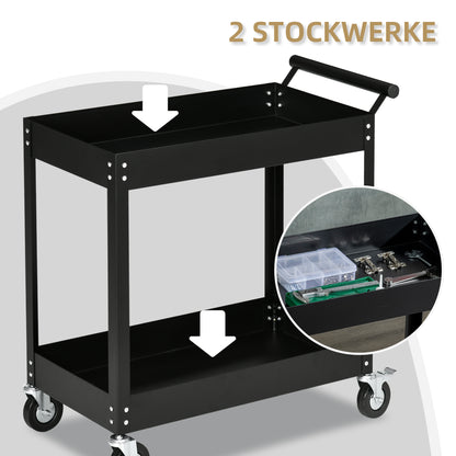 Workshop Trolley with 2 Tiers, Empty Tool Trolley, Transport Trolley, Side Handle, 4 Wheels, Steel, up to 150 kg Capacity, 84.5 x 38 x 84 cm, Black