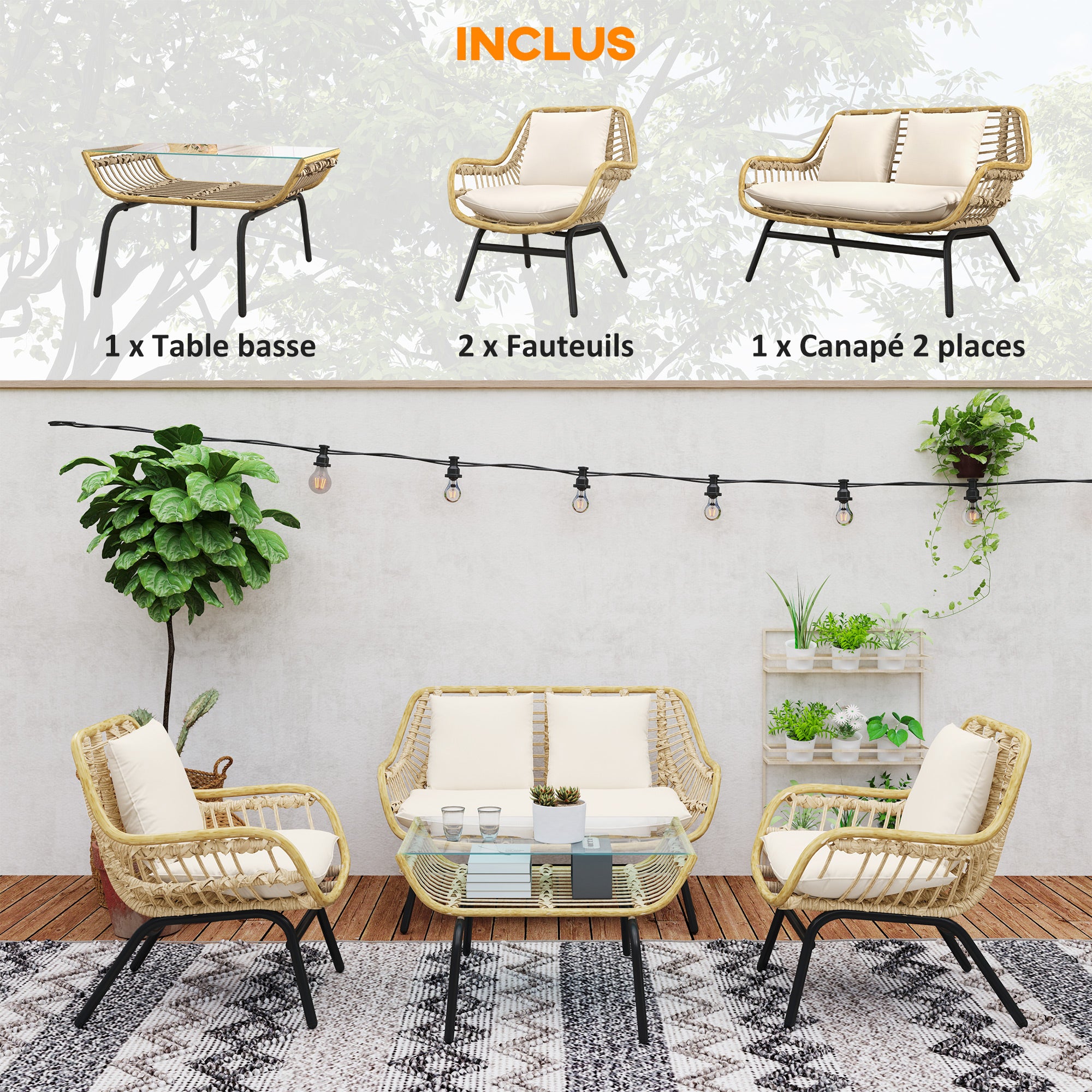 4-Person Exotic Style Garden Furniture Set 4 Pieces Epoxy Metal Resin Imitation Comfortable Cushions Included Polyester Beige