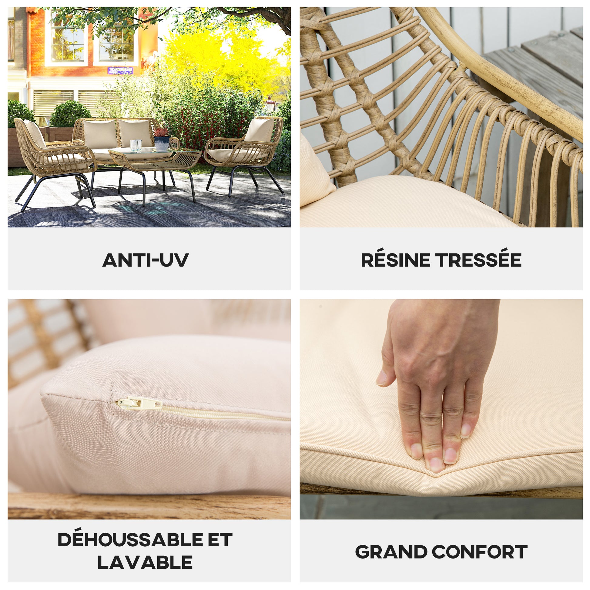 4-Person Exotic Style Garden Furniture Set 4 Pieces Epoxy Metal Resin Imitation Comfortable Cushions Included Polyester Beige