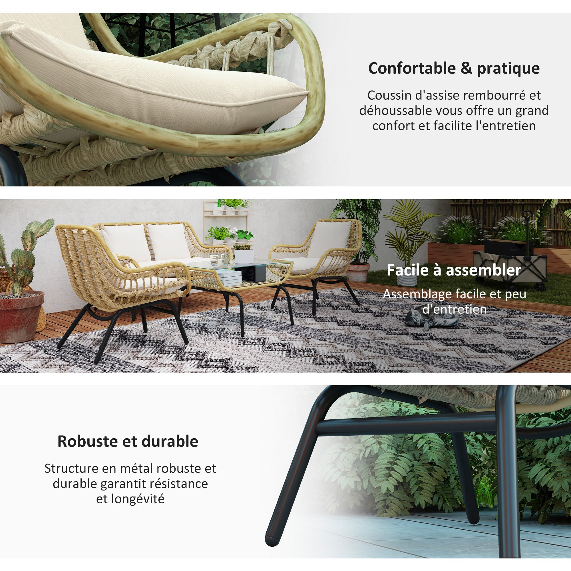 4-Person Exotic Style Garden Furniture Set 4 Pieces Epoxy Metal Resin Imitation Comfortable Cushions Included Polyester Beige