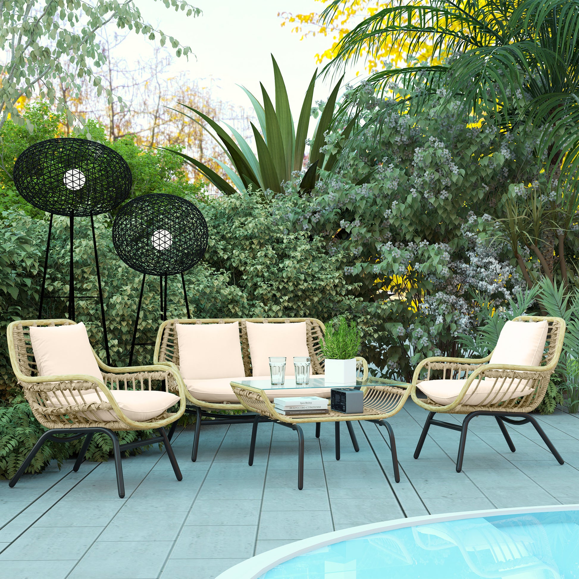 4-Person Exotic Style Garden Furniture Set 4 Pieces Epoxy Metal Resin Imitation Comfortable Cushions Included Polyester Beige