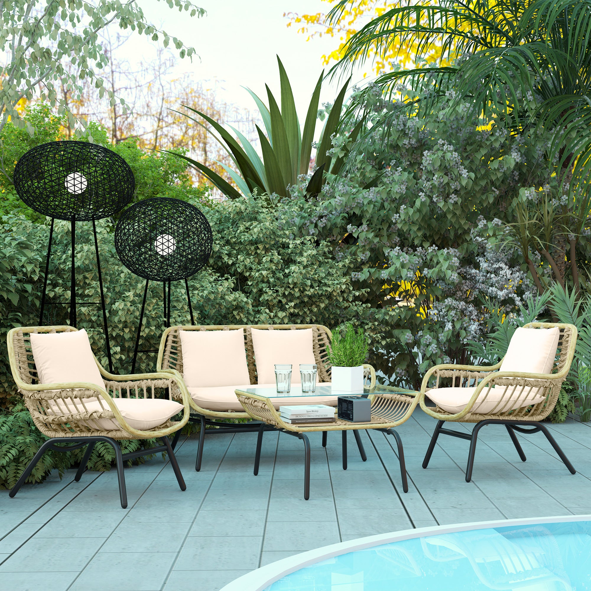 4-Person Exotic Style Garden Furniture Set 4 Pieces Epoxy Metal Resin Imitation Comfortable Cushions Included Polyester Beige