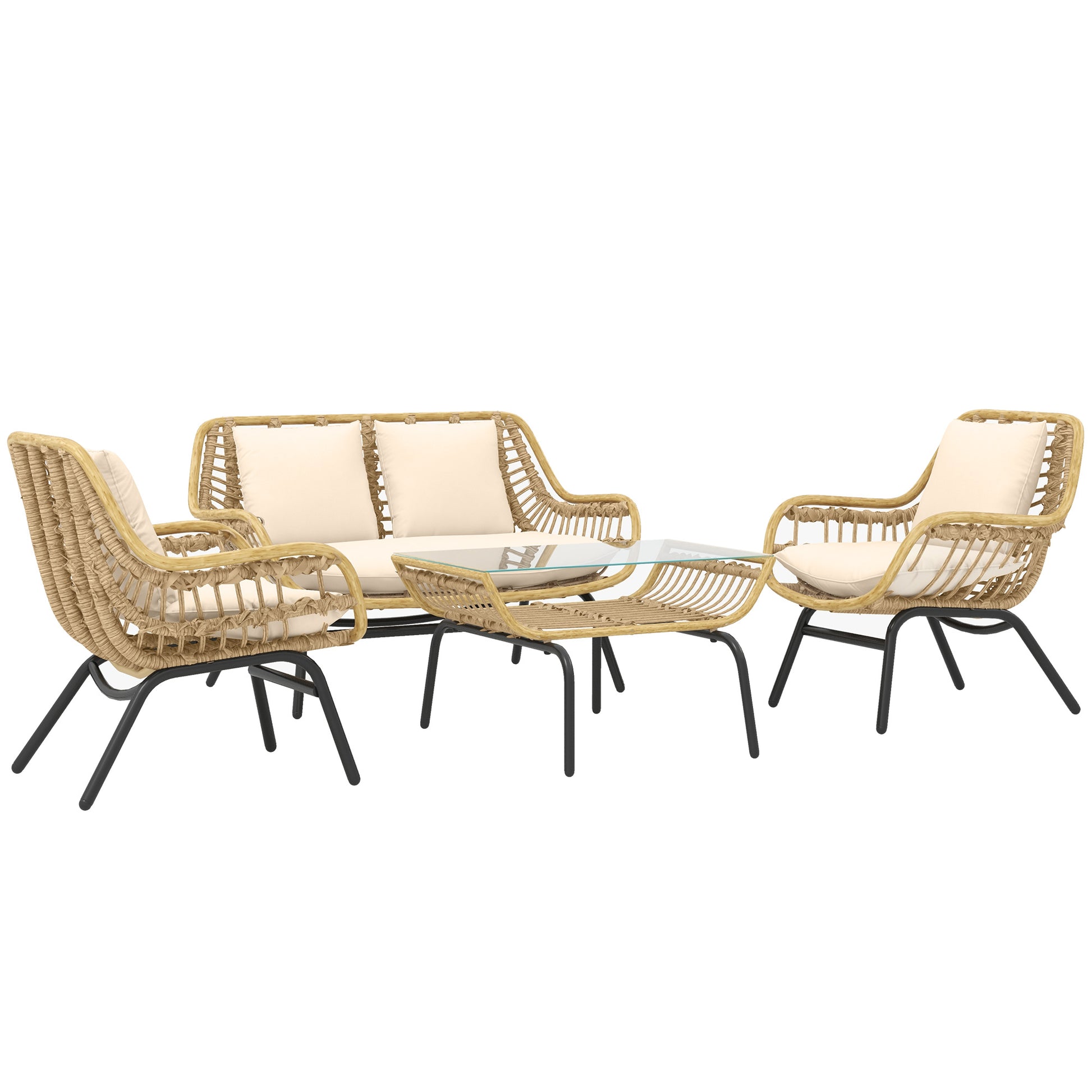 4-Person Exotic Style Garden Furniture Set 4 Pieces Epoxy Metal Resin Imitation Comfortable Cushions Included Polyester Beige