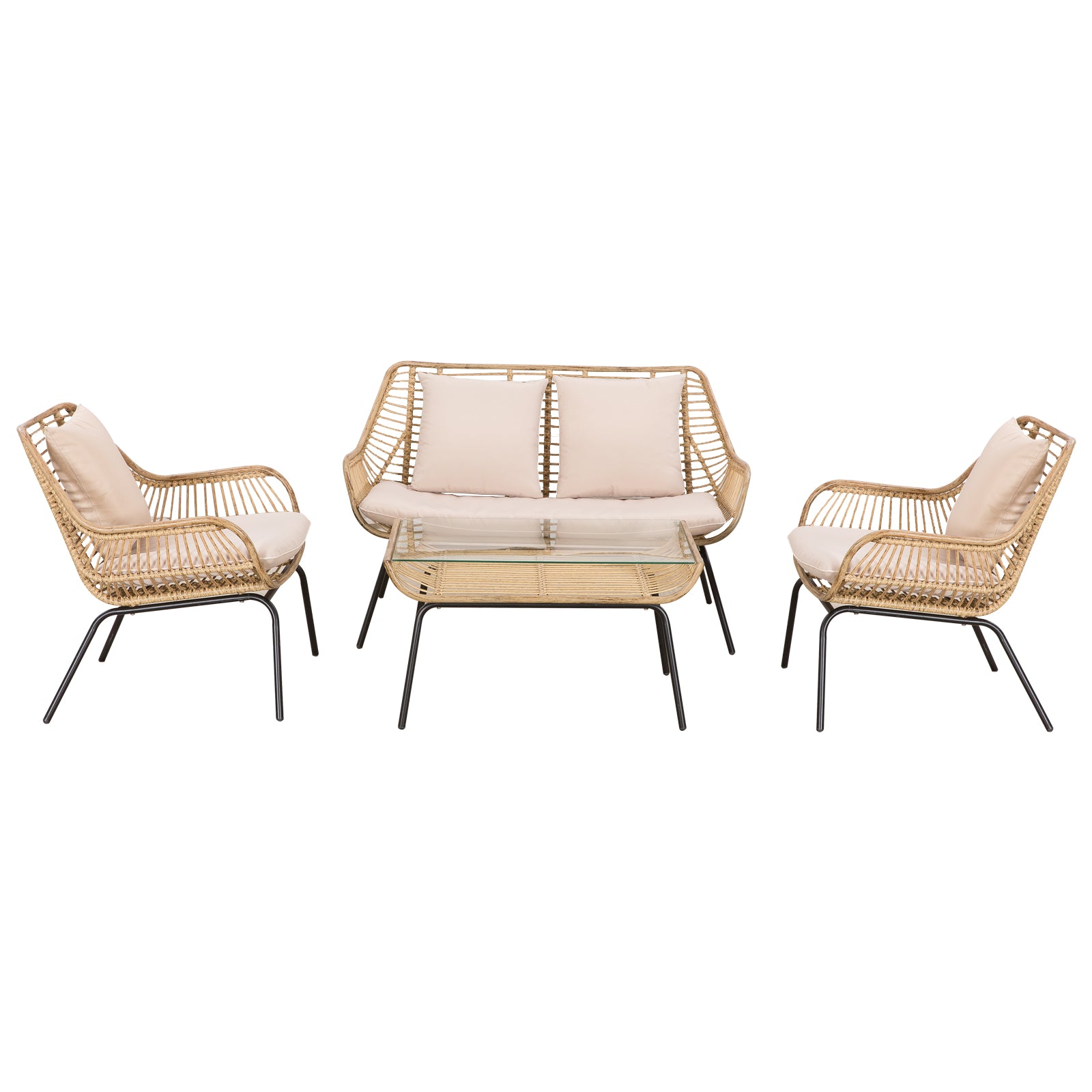 4-Person Exotic Style Garden Furniture Set 4 Pieces Epoxy Metal Resin Imitation Comfortable Cushions Included Polyester Beige
