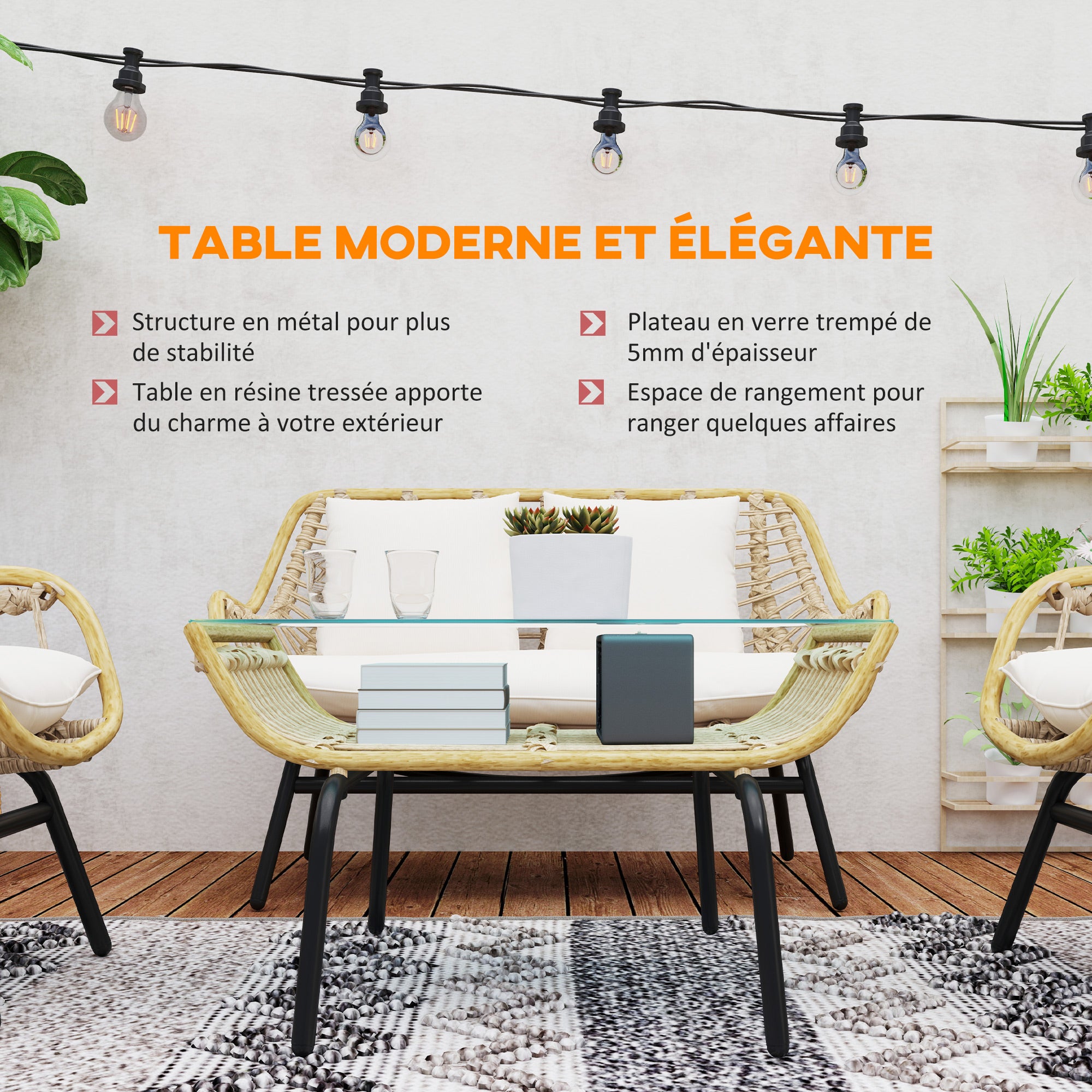 4-Person Exotic Style Garden Furniture Set 4 Pieces Epoxy Metal Resin Imitation Comfortable Cushions Included Polyester Beige