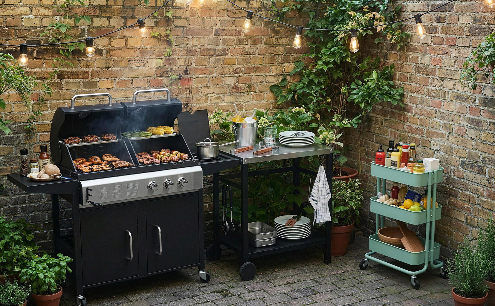 Outdoor kitchen setup with a grill, tables, and utensils against a brick wall.