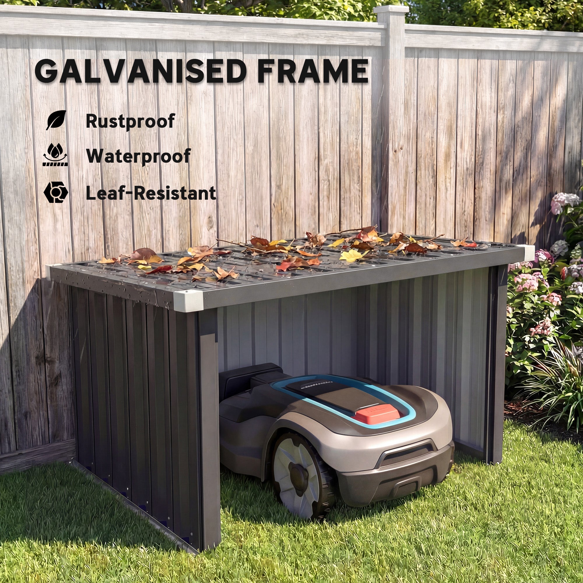 Galvanized Steel Robot Mower Garage with Sloped Roof — Easy Assembly, 108 × 86 × 62.5 cm (42.5 × 33.9 × 24.6 in), Dark Grey
