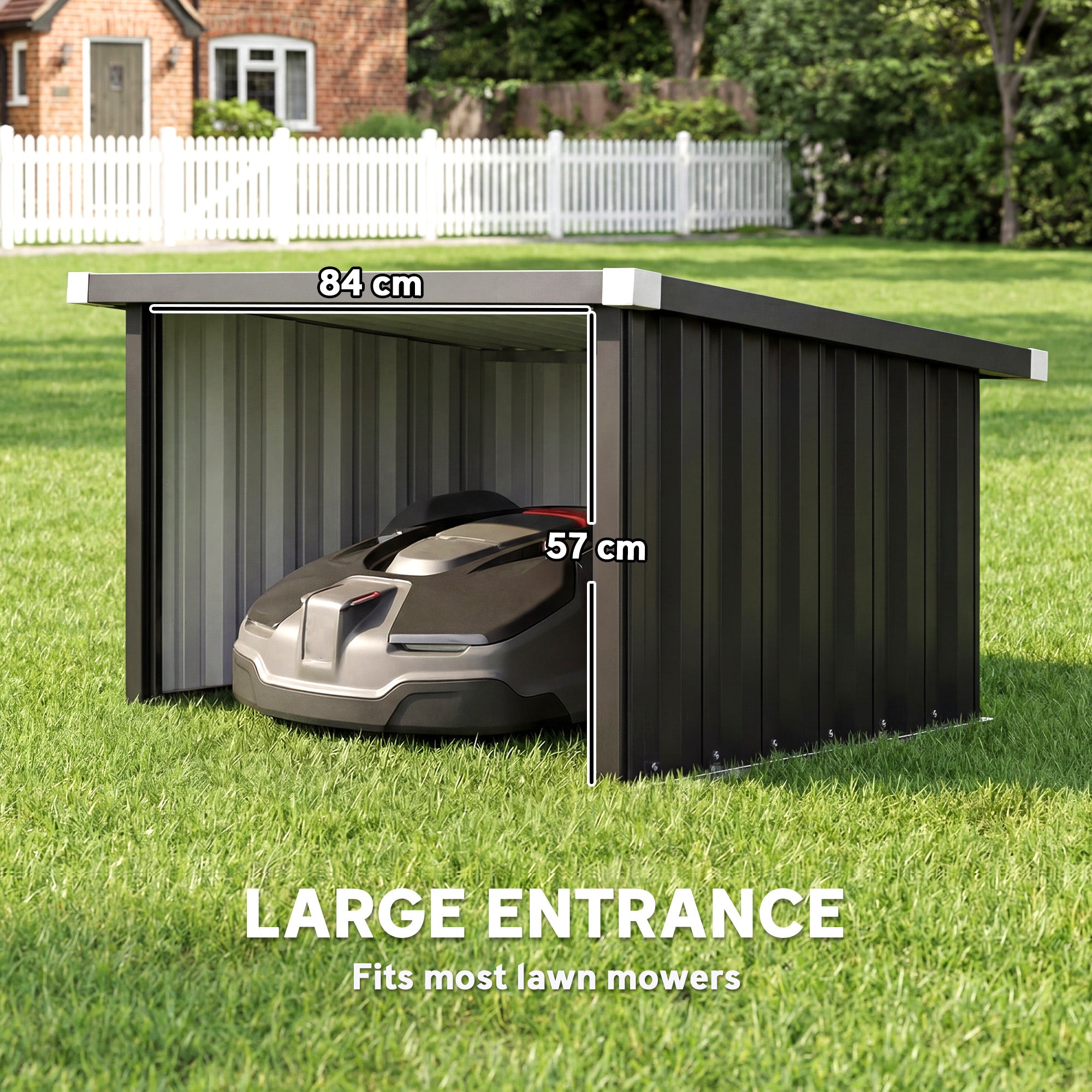 Galvanized Steel Robot Mower Garage with Sloped Roof — Easy Assembly, 108 × 86 × 62.5 cm (42.5 × 33.9 × 24.6 in), Dark Grey