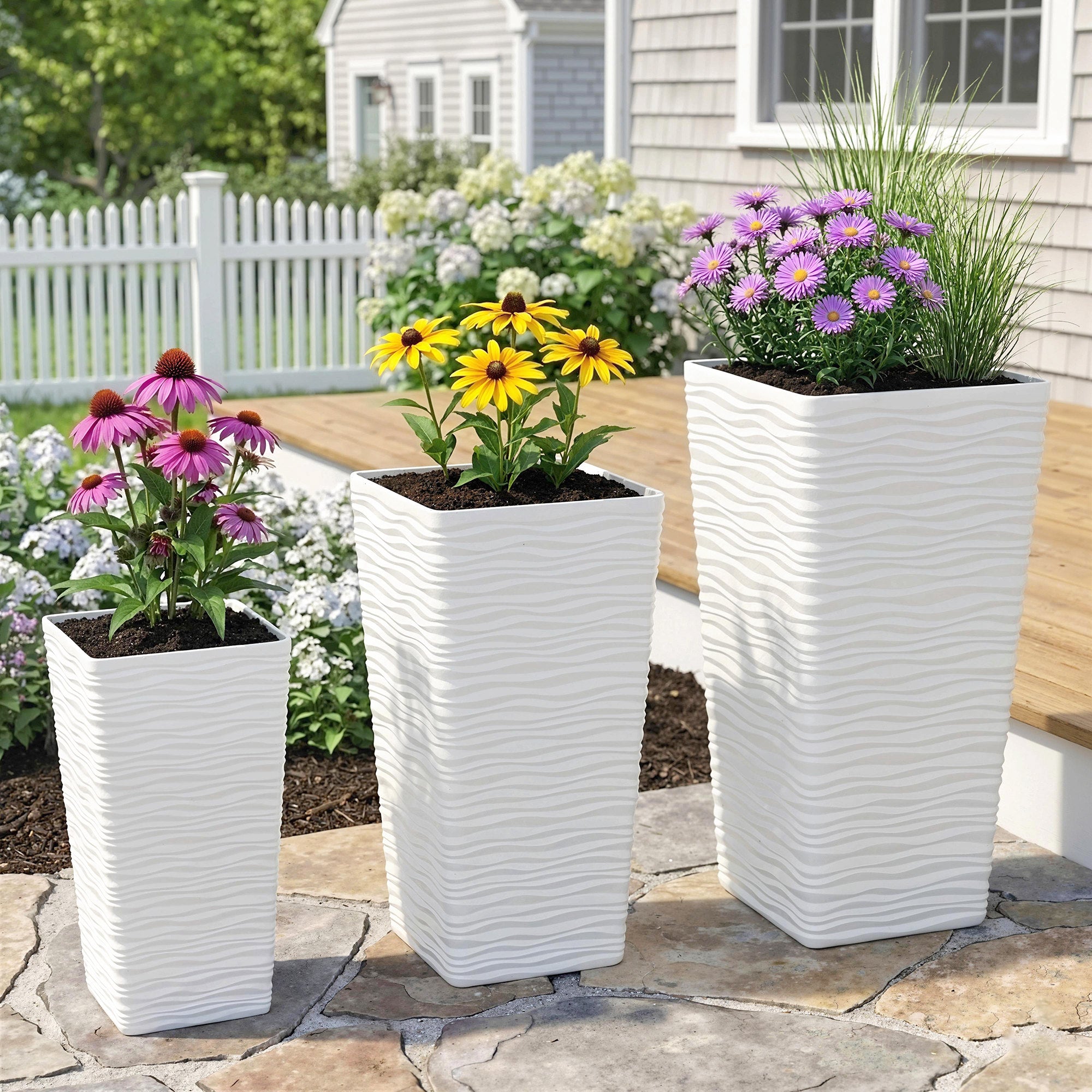 Set of 3 Stackable Square Outdoor Planters with Wavy Pattern, Drainage Holes, 42/55/65 cm (16.5/21.7/25.6 in) — White, Black, Brown