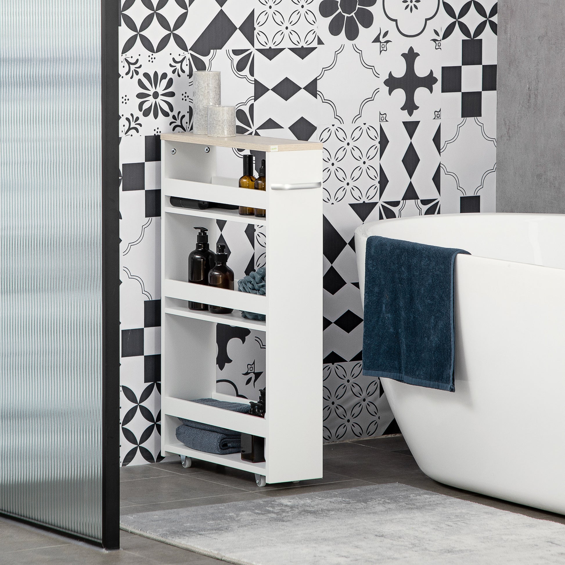 3-Tier Narrow Bathroom Storage Shelf with Side Handle and Wheels for Kitchen Living Room Modern Style 48x15x80 cm White