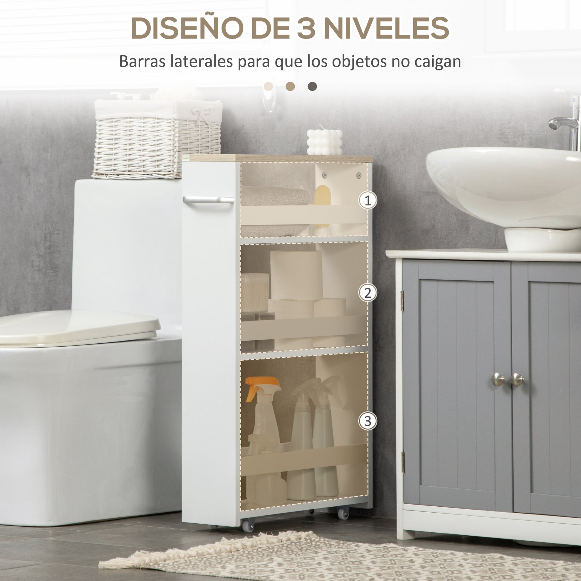 3-Tier Narrow Bathroom Storage Shelf with Side Handle and Wheels for Kitchen Living Room Modern Style 48x15x80 cm White