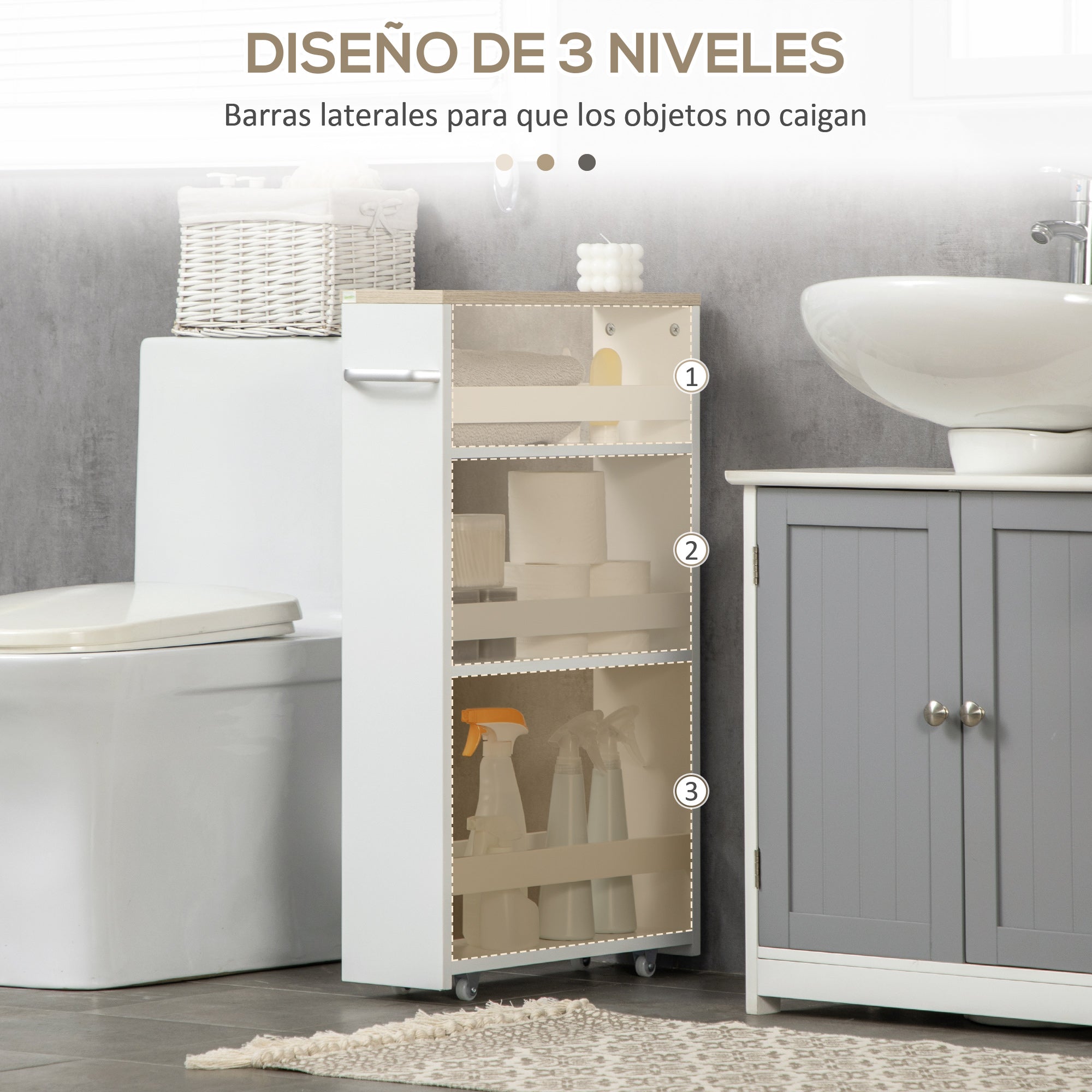 3-Tier Narrow Bathroom Storage Shelf with Side Handle and Wheels for Kitchen Living Room Modern Style 48x15x80 cm White