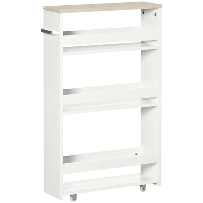 3-Tier Narrow Bathroom Storage Shelf with Side Handle and Wheels for Kitchen Living Room Modern Style 48x15x80 cm White