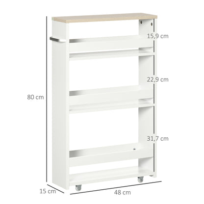 3-Tier Narrow Bathroom Storage Shelf with Side Handle and Wheels for Kitchen Living Room Modern Style 48x15x80 cm White