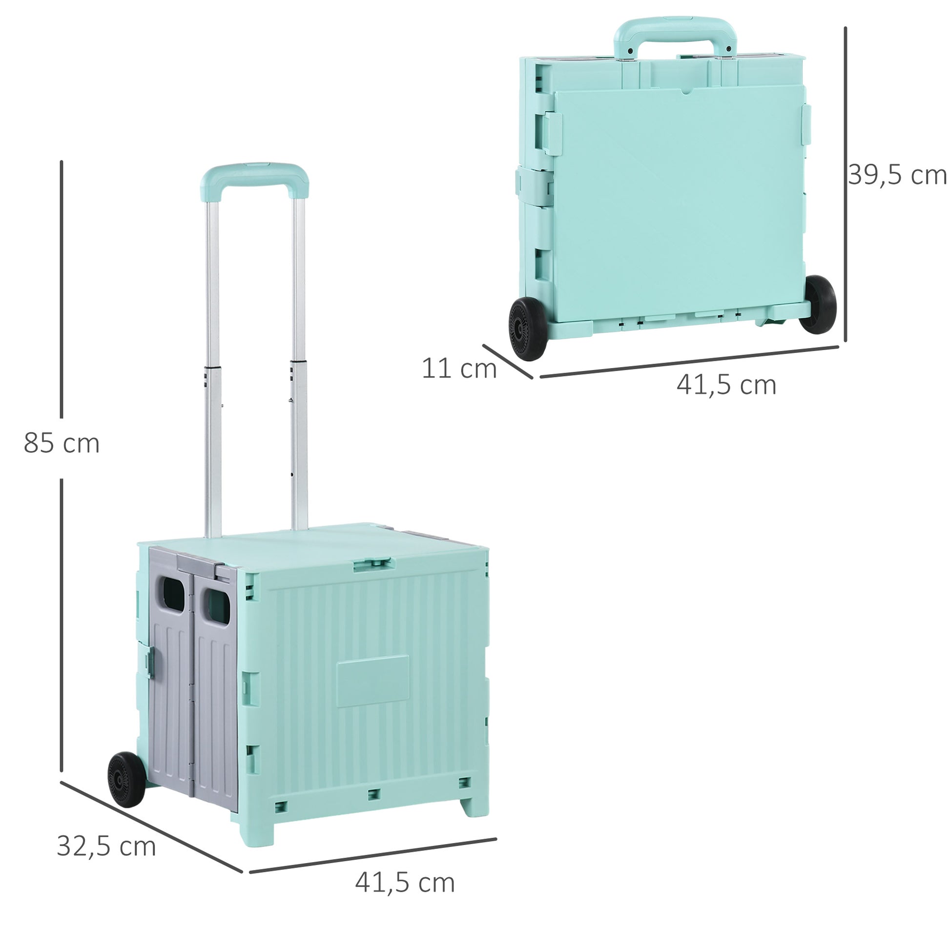 Folding Shopping Cart Supermarket Cart with 2 Wheels Adjustable Handle Length Capacity 32 Liters for Office School Home 41.5x32.5x85 cm Green
