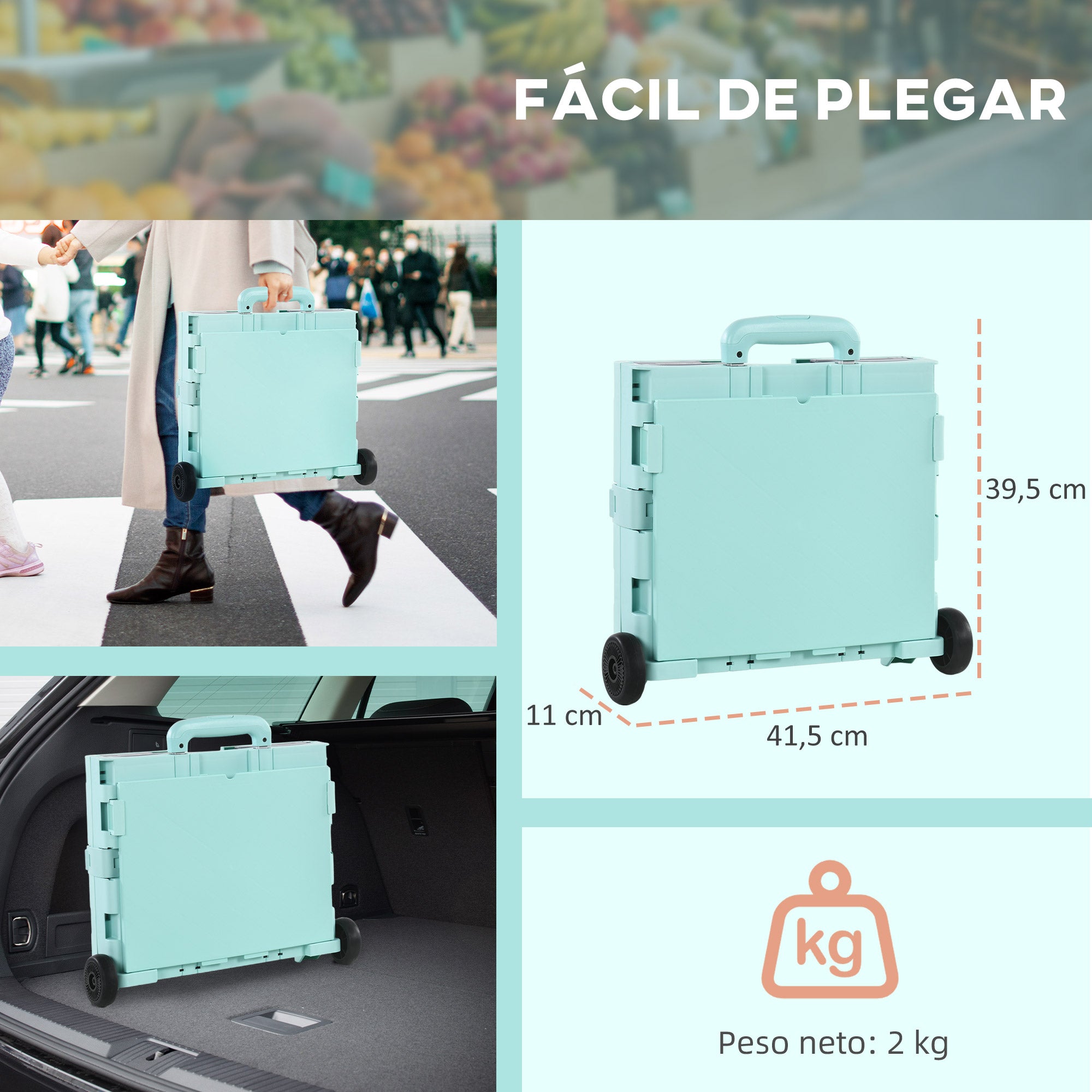 Folding Shopping Cart Supermarket Cart with 2 Wheels Adjustable Handle Length Capacity 32 Liters for Office School Home 41.5x32.5x85 cm Green